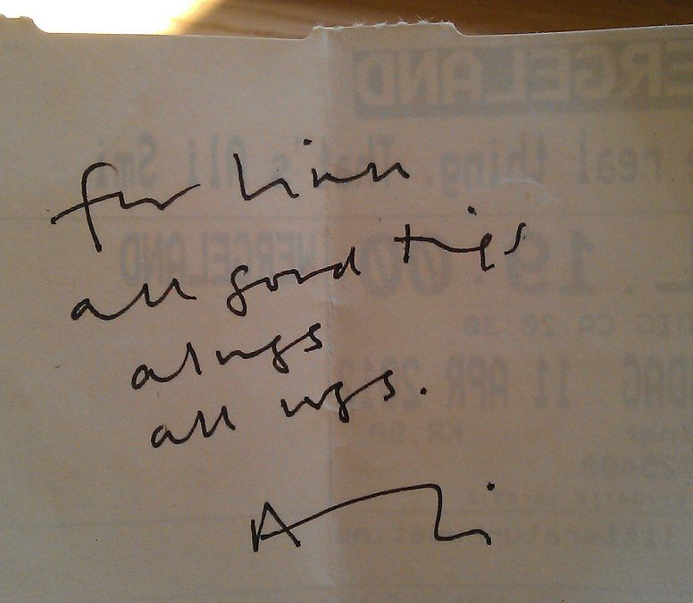 Signert: "For Linn, all good things, always - all ways. - Ali 11. april 2012"